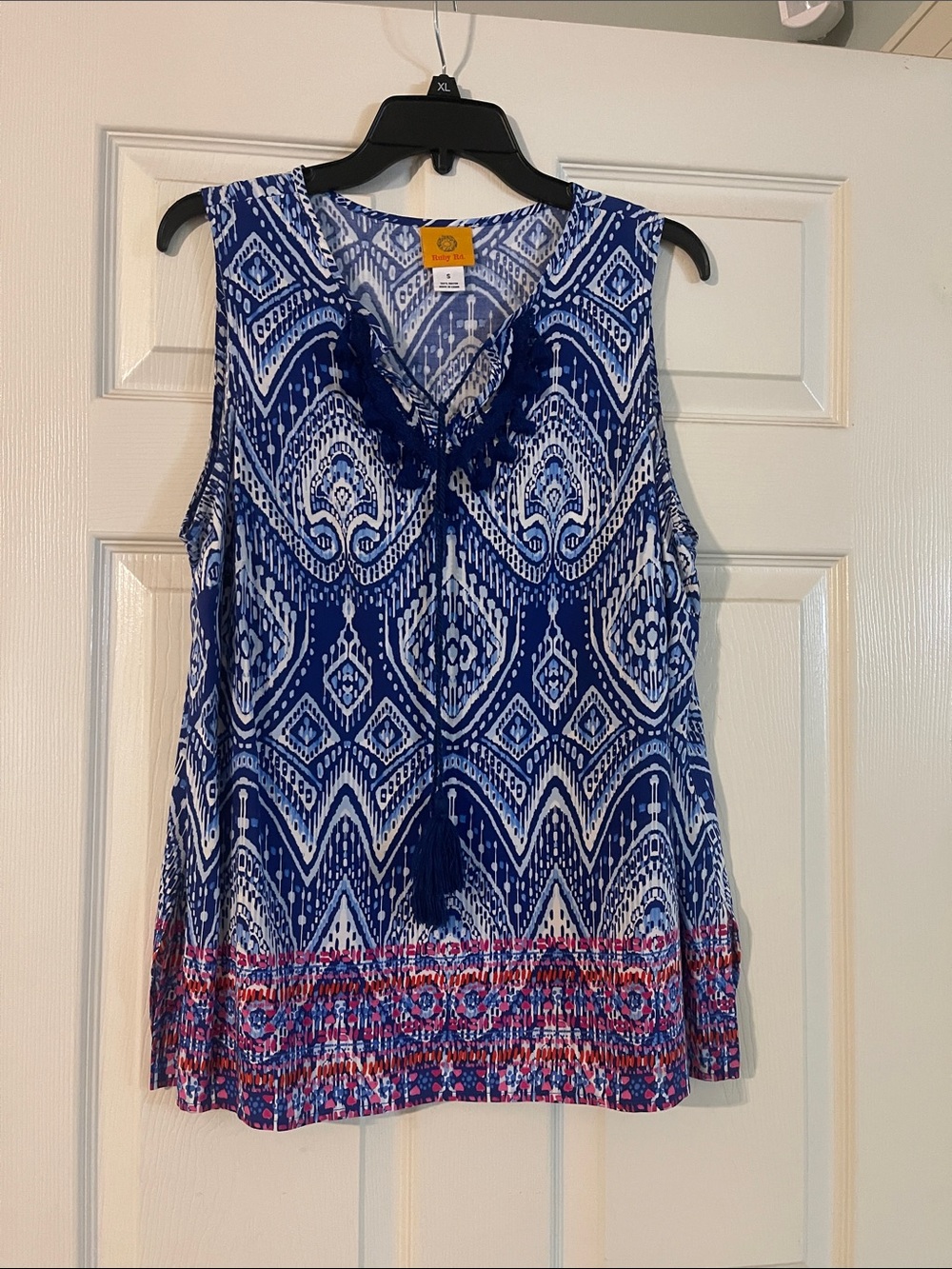 Ruby Rd  Blue and White Sleeveless Printed Tie-Front Tank with Red Accent